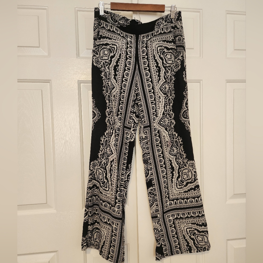 By & By Black & White Women's Bohemian Print Wide Leg Pull On Pants Size L NWOT
